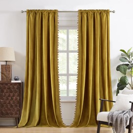 Leeva Luxury Velvet Blackout Curtains- 52x84 Inch Thermal Insulated Room Darkening Drapes with Tassel Trim for Bedroom, Soft Window Treatments, Rod Pocket, Set of 2, Solid Yellow