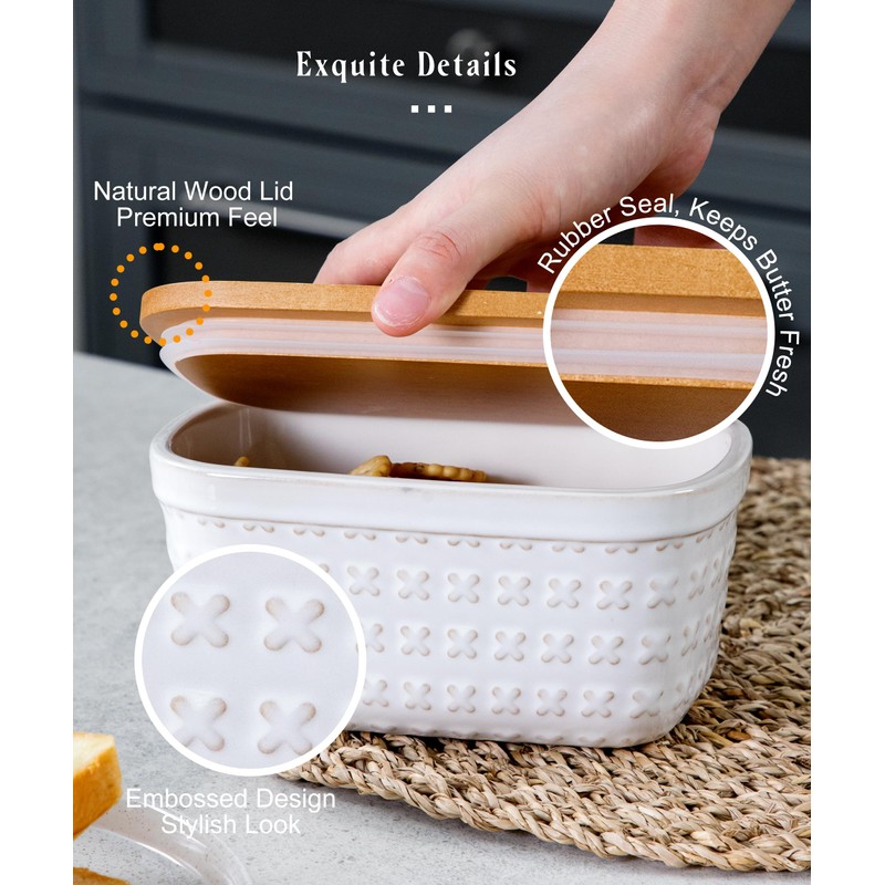 Nucookery Ceramic Butter Dish, Embossed Butter Keeper with Wood Lid