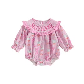 baorji One Silly Goose Birthday Outfit Newborn Smocked Romper Goose Long Sleeve Bodysuit Ruffle Onesie Infant Fall Clothes (Pink, 12-18 Months)