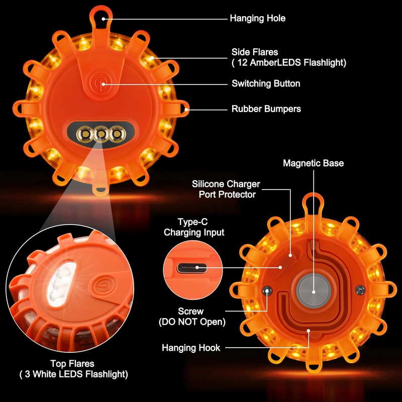 VANCLE USB-C Rechargeable LED Road Flares Roadside Emergency Light, Safety