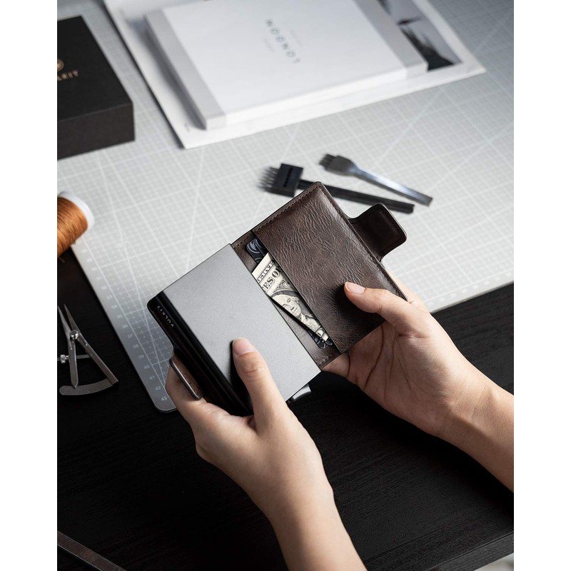 VULKIT Portatarjetas de crédito con bloqueo RFID de piel automático