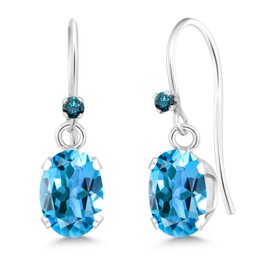 Gem Stone King 925 Sterling Silver Swiss Blue Topaz and Blue Diamond French Wire Dangle Hook Earrings For Women (1.62 Cttw, Gemstone November Birthstone, Oval 7X5MM)