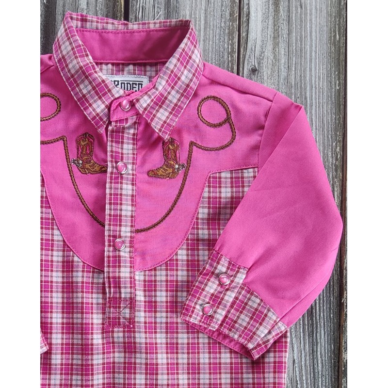 4Rodeo Baby Toddler Western Pink Plaid Cowboy Bodysuit Shirt (0-6