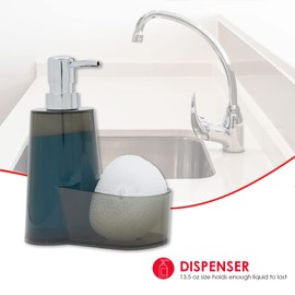 Home Basics 13.5 oz. Plastic Soap Dispenser with Sponge Compartment, Grey | Sturdy Plastic | Side Compartment for a Sponge | One Pump Gives You The Right Amount Each Time