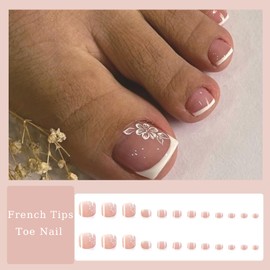 Square False Toenail Short - 24Pcs White French Fake Toe Nail with Flower - Full Cover Acrylic French Tips Toe Nail with Glue DIY at Home Manicure Stick On Toenail for Women