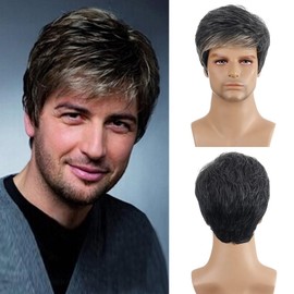 Men's Short Grey Wig, Natural Layered Synthetic Hair, Side-Swept Fringe Style