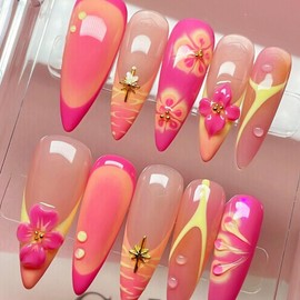 IMRAIN Press on Nails Long Stiletto Fake Nails Pink Yellow False Nails Flower Glossy Glue on Nails Gel Handmade 3D Floral Nail Supplies Full Cover Summer Acrylic Stick on Nails for Women 24Pcs