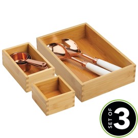mDesign Kitchen Storage Box - Bamboo Drawer Box in Various Sizes - Stackable Drawer Organiser for Cutlery and Kitchen Utensils - Set of 3 - Natural