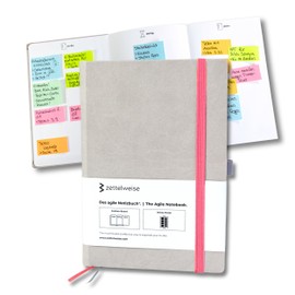 The Agile Notebook A5 | Notebook with Kanban Board | 300 Sticky Notes Sticky Notes | Vegan Hardcover 192 Numbered Pages (Grey/Coral Pink) Kanban Notebook A5 Dotted for To Dos
