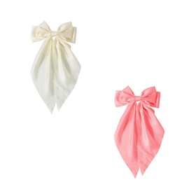 2 Pack Large Bow Hair accessories for women, Girls hair accessories,Solid ColorBows for hair with Long Silky Satin Tails, Hair Barrettes for Women and Girls, Milky White and Pink