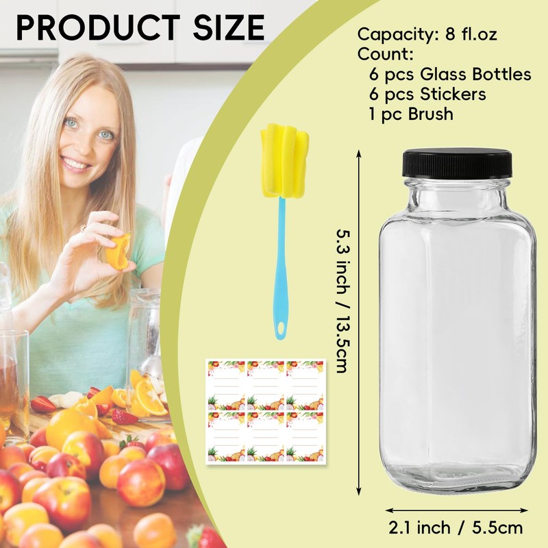 Yokodaza 8 oz Glass Juice Bottles with Lids 6-Pack -