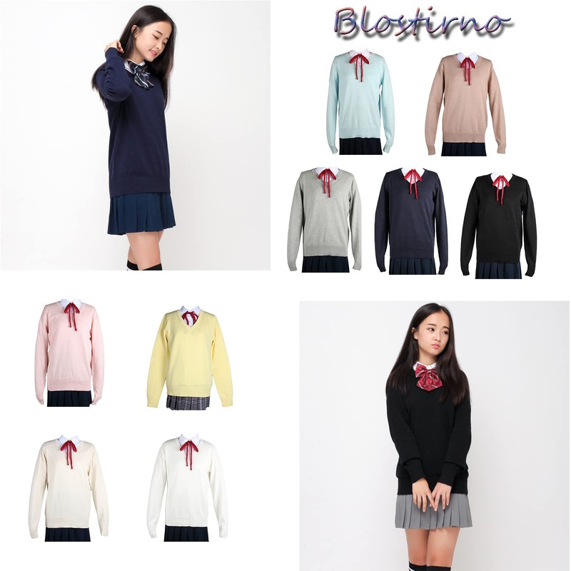 Blostirno Girls V-Neck School Sweater, Uniform, Student, Plain, Cotton, High