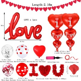 Valentine's Day Decorations Kit -I Love You Heart Foil Balloons Hearts Hanging Banner Garland,1000 PCS Red Rose Petals for Valentines Wedding Bridal Anniversary Engagement Proposal Romantic Decor