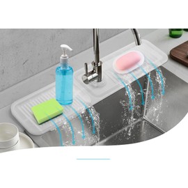 24 Inch Longer Silicone Faucet Splash Guard, 5°Slope Design Faucet Water Catcher Mat,Faucet Handle Drip Catcher Tray Mat for Kitchen Countertop Bathroom Sink Protectors (Translucent)