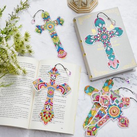Ireer 6 Pcs Cross 5d Diamond Art Bookmarks for Adult DIY Painting Kit Christmas Religious Christians Gifts Crystal Cross Diamond Bookmarks for Reading Lover Home Office DIY Crafts, 6 Styles