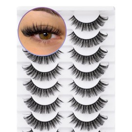 Russian Strip Eyelashes 10 Pairs D Curl Natural Curly Soft Faux Mink Lashes Material Extension Effect Natural Look Cat Eye Lashes Pack-Happy Heartbeat(iC20)