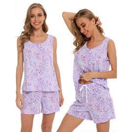 ENJOYNIGHT Womens Pajamas Set Cute Sleeveless Print Tank and Shorts Pj Set Summer Sleepwear (Large,PU) Purple