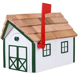 Amish Cedar Roof Wooden Mailbox with Window & Door Trim (White with Forest Green Trim)