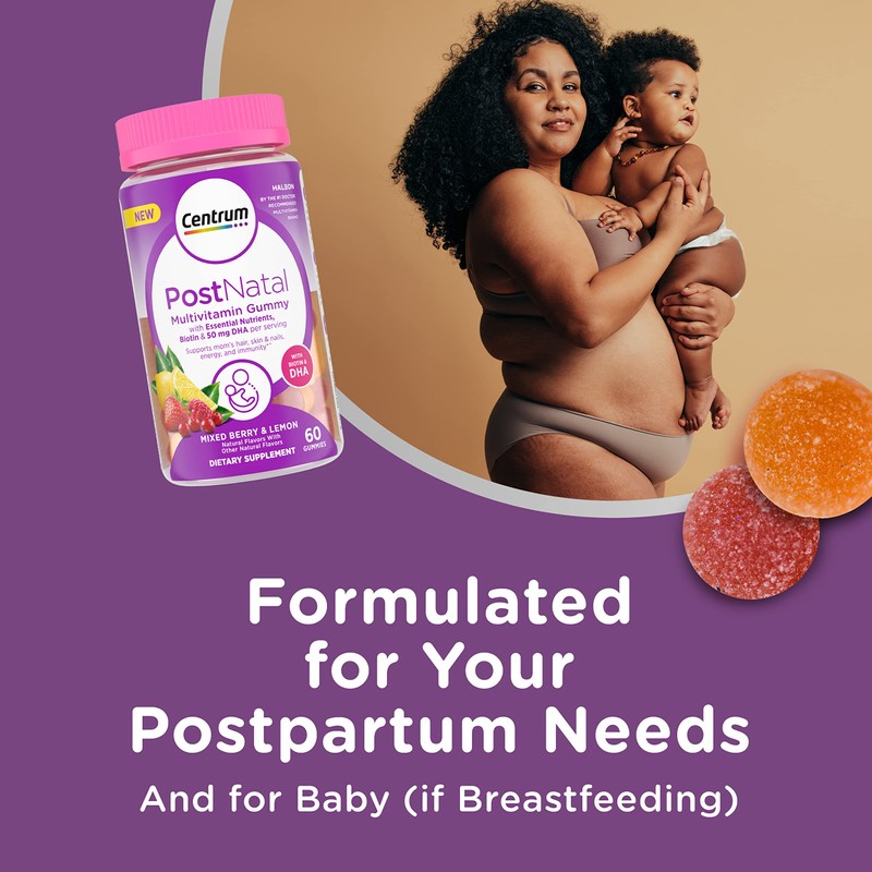 Centrum Postnatal Multivitamin Gummies with Biotin and DHA, Mixed Berry
