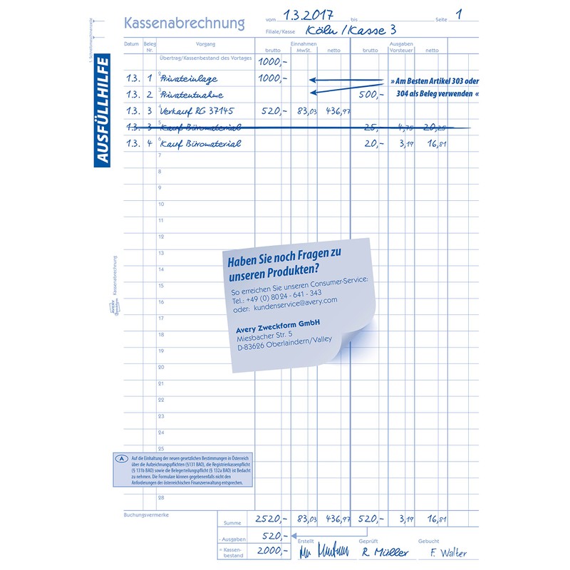 Avery Zweckform Cashing-Up Book First and Second Page Printed with