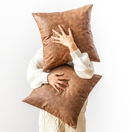 GEGELICA Pack of 2 Leather Throw Pillow Covers, Modern Boho Decorative Cognac Thickened Abrasion Luxury Floor Cushion Cover, for Home Decor Sofa Couch Bed Office Cafe Pillow Covers 24x24 inch