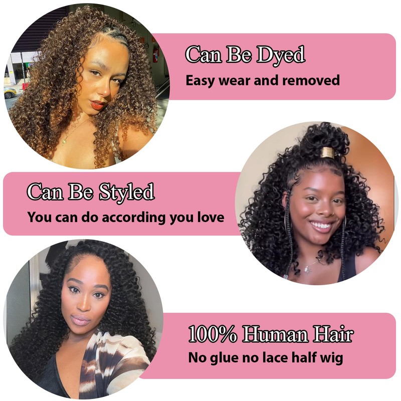 Kinky Curly Half Wig Human Hair Upgrade 3 In 1