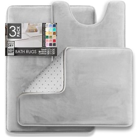 Clara Clark 3 Piece Bathroom Rugs Bath Mat Set, Velvet Memory Foam Bath Mats for Bathroom - Non-Slip, PVC Backing Bath Rugs, Washable - Dries Quickly, Silver