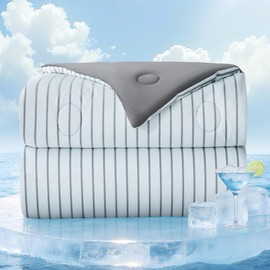 bedsmile Striped Cooling Comforter Queen Size, Q-Max 0.45 Reversible Cooling Blanket for Hot Sleepers, Breathable Lightweight Silk Smooth Summer Bedding, Quilted Ice Blanket, Dark Gray