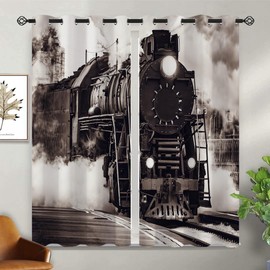 Train Blackout Curtains for Girls Boy Home Decor, Rustic Steam Engine Vintage Railway Industrial Grommet Thermal Insulated Drapes Darkening Window Curtain for Bedroom Living Room, 55 x 63 Inch