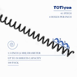 TOTiyea 100 Pack Plastic Spiral Binding Coils,6mm(1/4") Binding Spirals,30 Sheet Capacity,4:1 Pitch,Black