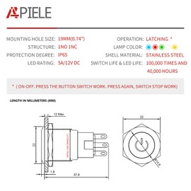 APIELE 19mm Latching Push Button Switch 3/4" 12V DC Power Symbol LED with Socket Plug 1NO1NC SPDT ON/Off（ Green）