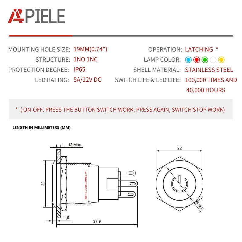 APIELE 19mm Latching Push Button Switch 3/4" 12V DC Power