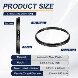 PATIKIL Step Down Ring Adapter 58mm to 58mm, 2 Pcs Filter Step-down Rings Camera Lens Filters Metal Ring Digital for ND IR DSLR Lenses, Black