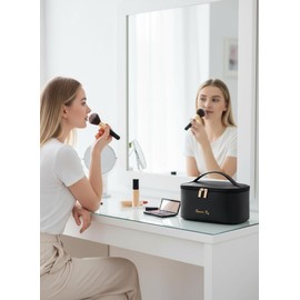 KITENROM Makeup Bag Portable Travel Cosmetic Bag with Brush Holder，Waterproof Make Up Bag For Women with Handle Dark Black