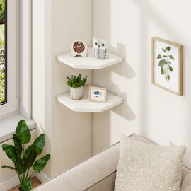 Fun Memories Corner Shelf Wall Mount Set of 2 - Solid Oak Wood Floating Corner Shelf with Cable Hole, 10in Rustic Design for Bedroom, Living Room, Kitchen (White)