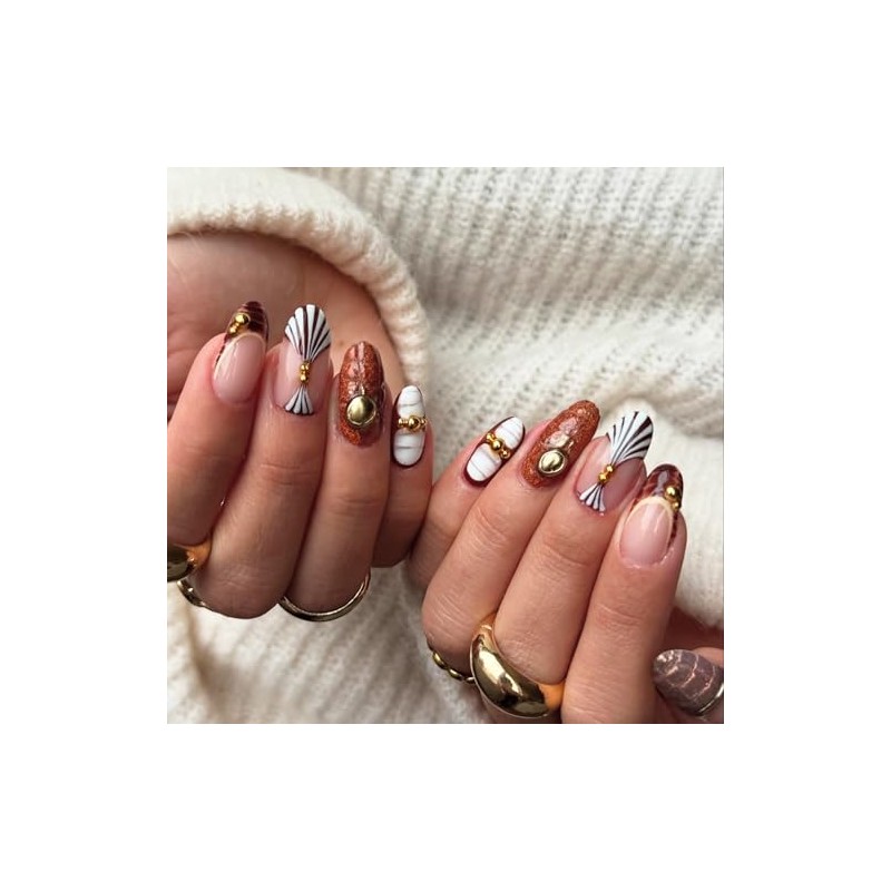 Uñas postizas de almendra, color marrón, tamaño mediano, estilo francés,