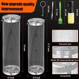 2 pcs Rolling Grilling Baskets for outdoor grilling, BBQ Stainless Steel Grill accessories set for Outdoor Grill, Grill Baskets Suitable for Vegetable,Fries,Fish, Shrimp, Grill BBQ Net Tube with Barbecue accessories