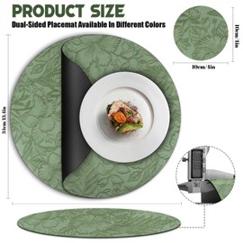 Placemats and Coaster Sets 4, Round Floral Leather Place Mats 34cm, Heat Resistant Non-Slip Washable, Dual-Sided Two-Color Kitchen Coffee Table Mats for Home Dining Table Restaurant Hotel(Green Black)