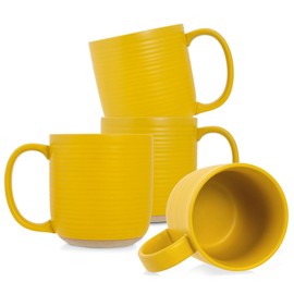 Elanze Designs Ribbed Ceramic Stoneware 16 ounce Raw Clay Bottom Coffee Mugs Set of 4, Mustard