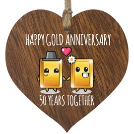 50th Wedding Anniversary Plaque Gift for Husband Wife - 50 Years Together - Happy Gold Anniversary Wooden Heart for Women Men Partner, Dark Wood Sign Keepsake Gifts