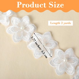 2 Yards White Lace Pearl Ribbon White Flower Lace Pearl Trim Embroidered Sewing Applique 3D Floral Sew On Patches Fabric Applique Patchwork for DIY Sewing Crafts Wedding Dress Home Décor
