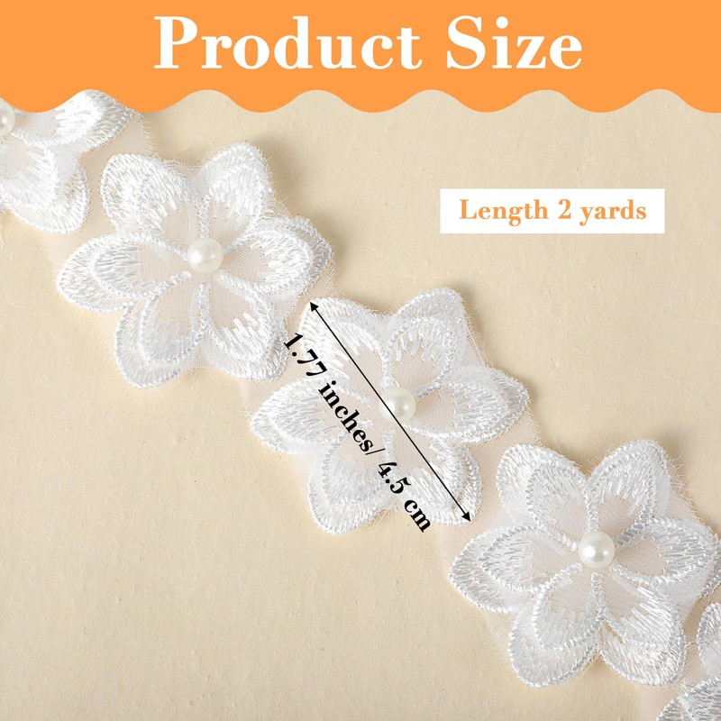 2 Yards White Lace Pearl Ribbon White Flower Lace Pearl