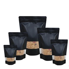 50pcs Window Standup Bags With Window, Resealable Food Bags Ziplock With Window, Sealable Zipper Bags Reusable Mylar Baggies Heat Seal Packaging Bags for Food Storage (Window Black Matt, 12x20cm)