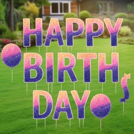 Happy Birthday Yard Sign, Purple Sparkly Glitter Lawn Letters, 15inch Tall Letters, Birthday Lawn Signs, Birthday Yard Greetings,With H-Stakes, Outdoor Lawn Decoration, Colorful Happy Birthday