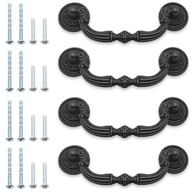 Litoexpe 4-Pack French Provincial Drawer Pulls, Antique Black Cabinet Pulls, Hole Center 3.5 Inch, European Style Vintage Decorative Pull Handles with Mounting Screws