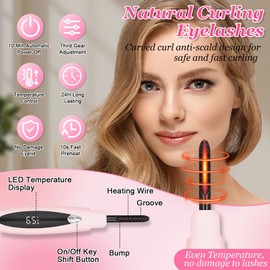 Heated Eyelash Curler for 24 Hs Long Lasting, Electric Eyelash Curler Eyelash Brush, 15s Quick Heating Eyelash Curler with 3 Temperature Modes for All Eyelash Types (Pink)