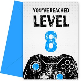 Gamer 8th Birthday Card for Boy - Black & Blue Reached Level 8 Bday Cards for Son, Great Grandson, Nephew or Brother. Gaming Happy Birthday Card for 8 Year Old