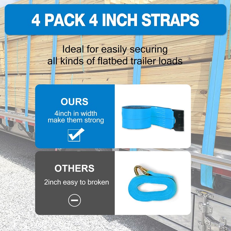4" x30' Winch Straps with Flat Hook Flatbed Tie Downs