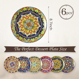 AHX Colorful Ceramic Plate Set of 6 – 8.7 Inch Bohemian Porcelain Plates for Serving Dessert, Appetizer and Salad – Microwave and Dishwasher Safe - Perfect for Party, Daily Meals and Gift Occasions