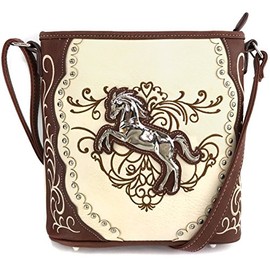 Justin West Horse Embroidery Studded Concealed Carry Handbag Purse Matching Wallet (Cream Messenger Only)